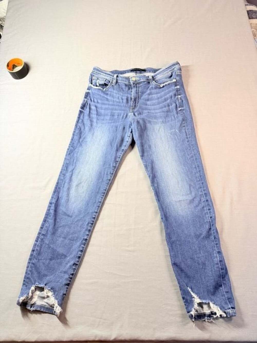 Flying Monkey Distressed Slim Straight Jeans Medium Wash Chewed Frayed Hem SZ 30